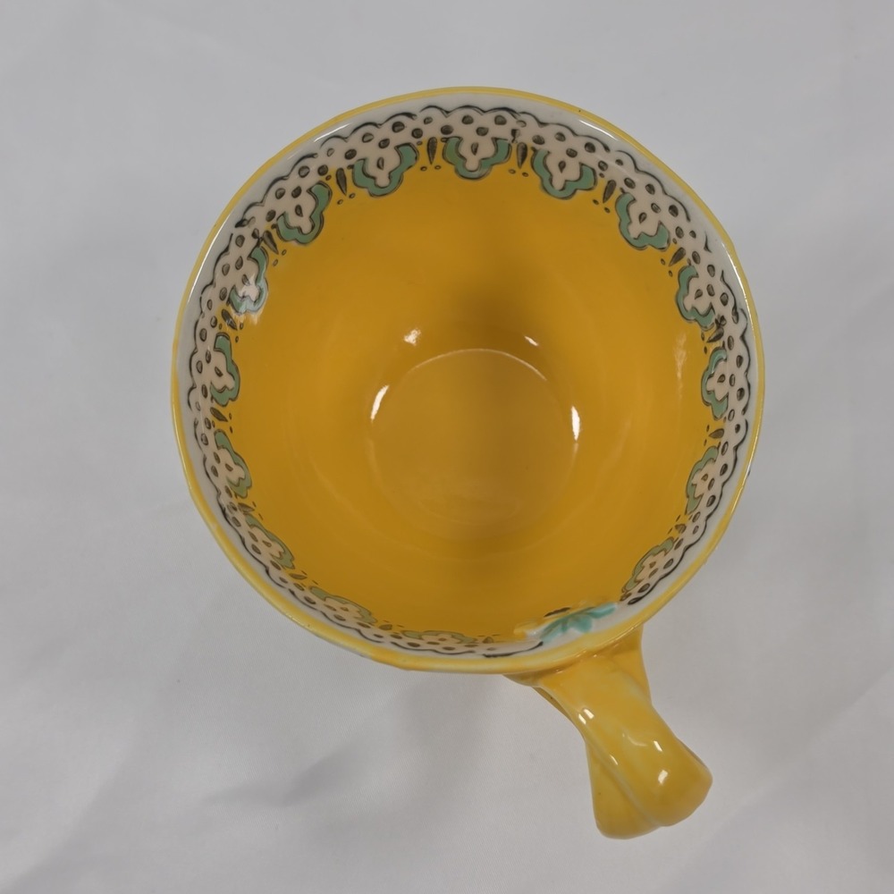 Anthropologie Elka Ayaka Pedestal Cup Mug Yellow Teal Floral Twisted Handle 10oz - Picture 6 of 11